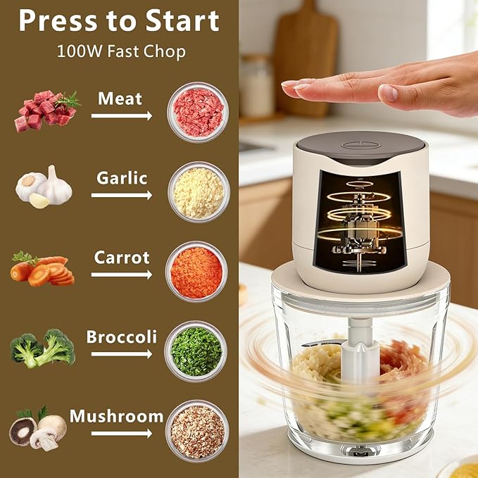 600ml Glass Cordless Food Chopper, Wireless Food Processor with 3 Sharp Blades ＆ USB-C Rechargeable Battery Motor, Small Garlic Vegetable Chopper, Electric Meat Blender Grinder, Portable Mini Mixer