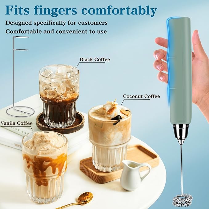 BSRGMS Milk Frother Handheld with Stand, Electric Whisk 3 Speed Adjustable, Drink Mixer with Stainless 3 Whisk, Rechargeable Hand Frother Wand, Foam Maker for Latte Cappuccino Matcha Egg Morandi Green