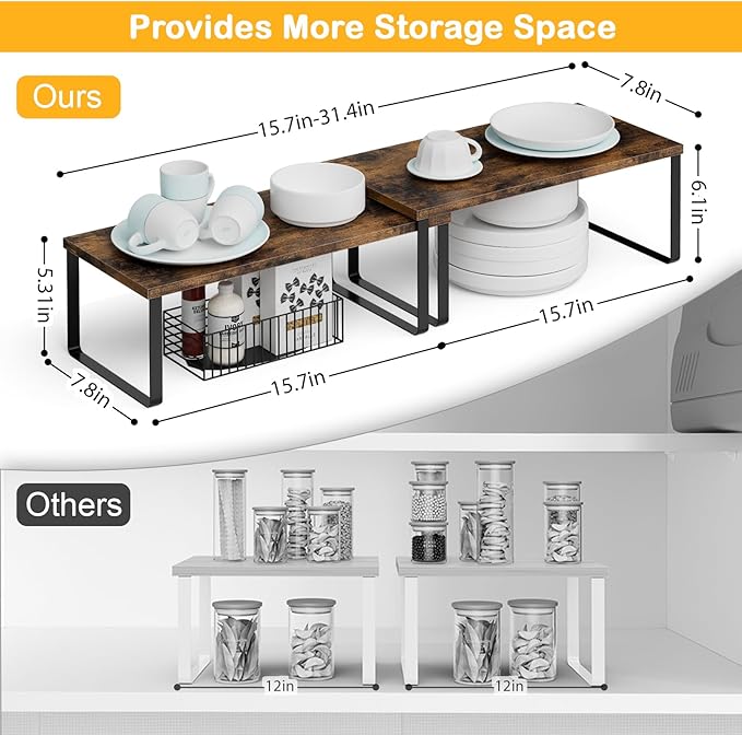 OGEMXU Cabinet Shelf Organizers, 15.7 inches Large Kitchen Counter Shelf, Set of 2 Wood Kitchen Pantry Organizer, Storage Shelves for Countertop, Spice Rack, Stackable, Expandable, Metal Black, Brown