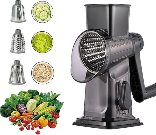 3-in-1 Manual Rotary Cheese Grater & Vegetable Slicer, Round Mandoline Food Chopper with 3 Interchangeable Blades, Strong Suction Base Hand Crank Grater for Cheese, Potato, Nuts & Veggies