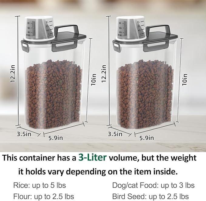 TBMAXS 2 Pack 3 Lbs Dog Cat Food Storage Containers for Travel, Portable Pet Food Storage Container, Easy-Pouring Bird Seed Dispenser, Airtight Rice Cereal Oatmeal Flour Holder -Translucent Grey