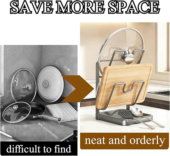 Kitchen Pot Lid Storage Rack, Pot Lid Holder With Tray,Multifunctional Storage Rack With Detachable Drip Tray For Easy Storage, Cloth Rack, Spoon Rack, Space Saving.