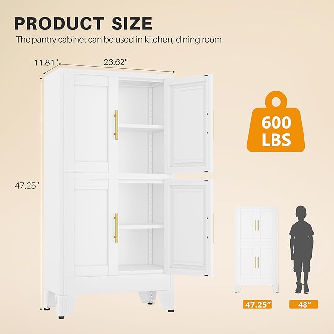 winiowa 47" Tall Kitchen Pantry Cabinet, Metal Storage Cabinet with Doors and Adjustable Shelves, White Freestanding Pantry Cabinet for Kitchen, Dining Room, Living Room, Laundry Room, Bathroom