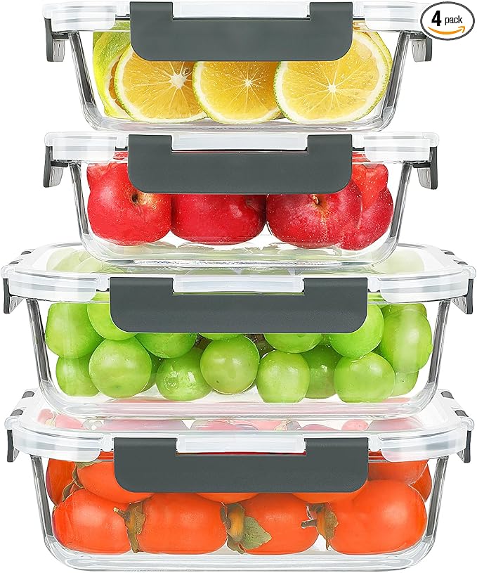 KOMUEE 4 Pack 52oz+22oz Large Glass Food Storage Containers Set with Airtight Lids, BPA-Free & Leak Proof, Ideal for Meal Prep, Freezer, Microwave, Oven and Dishwasher Safe