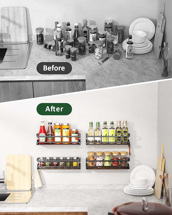 Doakhirmit Wall Mounted Spice Rack with 16 Hooks, Rustic Wood Spice Organizer Shelf for Stove Cabinet Pantry Door,Screw or Adhesive Hanging Spice Shelf,Wall Spice Rack in Kitchen and RV,6 Pack