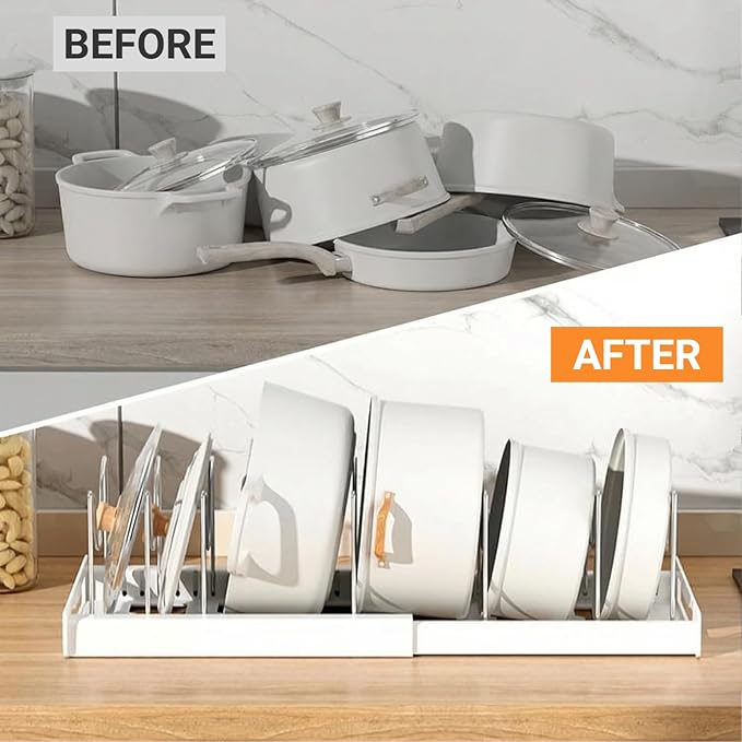 Sylfaen Expandable Pots and Pans Organizer Rack Under Cabinet, Pot Lid Holder with 7 Adjustable Dividers, Pan Organizers Inside Cabinet for Kitchen Storage Cookie Sheets Bakeware Cutting Board, White