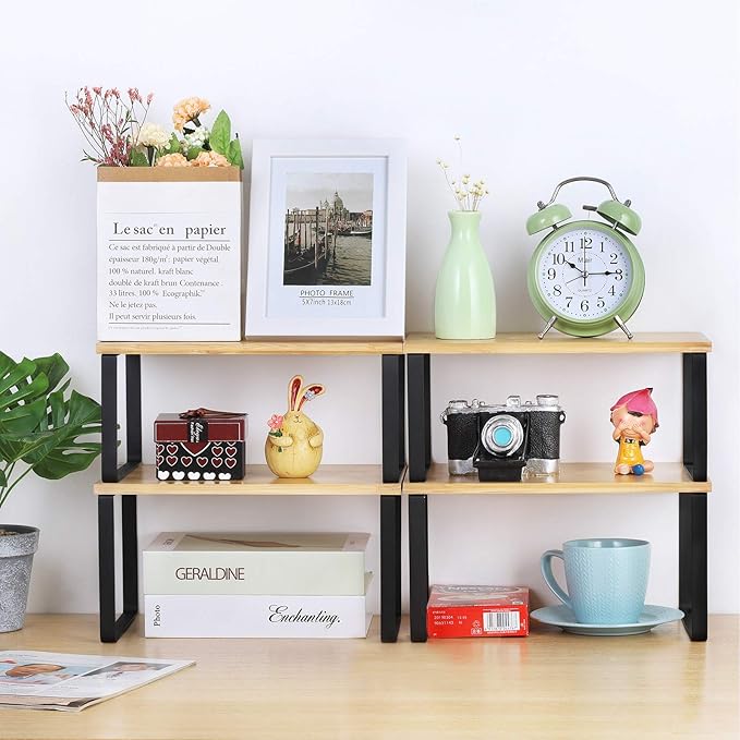NEX Cabinet Organizer Shelf Set of 4, Stackable Kitchen Counter Shelves, Expandable Spice Rack Pantry Organizers, Bathroom Cupboard Storage Desk Riser, Bamboo and Metal, Black