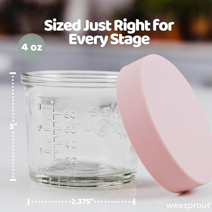 WeeSprout Glass Baby Food Storage Jars with Silicone Lids (4 oz, 12 Pack Set) Snack, Puree, Reusable Small Containers, Breast Milk, Fridge or Freezer, Essential Must Have for Infants