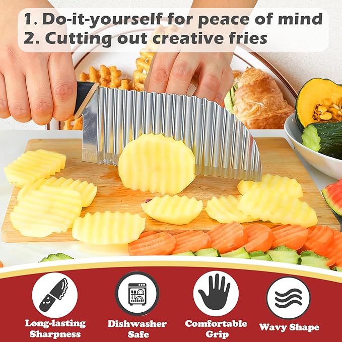 JAYVAR Large Crinkle Cutter Wave Potato Slicer, Stainless Steel French Fry Cutter Wavy Chopper, Vegetable Crinkle Cutting Tool with Handle for Cucumber, Kitchen Dicer Gadgets, Kitchen Veggie Slicer