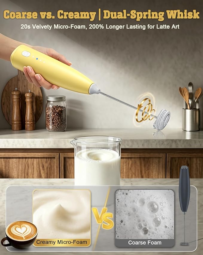 Portable Milk Frother Handheld,Electric Drink Mixer & Wand, 3 Detachable Stainless Steel Whisks, 3 Adjustable Speeds Quiet, USB C Rechargeable for Coffee, Latte, Matcha, Home & Kitchen (Yellow)