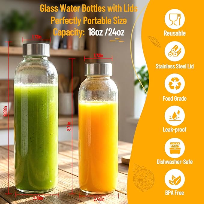 Luxfuel 18 oz Clear Glass Water Bottles with Lids, Reusable Glass Juice Bottles with Stainless Steel Cap for Juicing, Refrigerator,100% Leak Proof, BPA Free, Set of 24