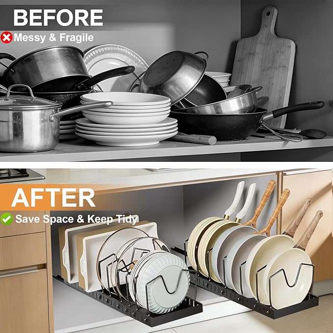XIAPIA 2 Pack Pull Out Pots and Pans Organizer Under Kitchen Cabinet, Pot Lid Organizers, Slide Out Cookware Storage Rack with 8 Adjustable Dividers, Pull Out Shelves for Dishware Seasoning, Black