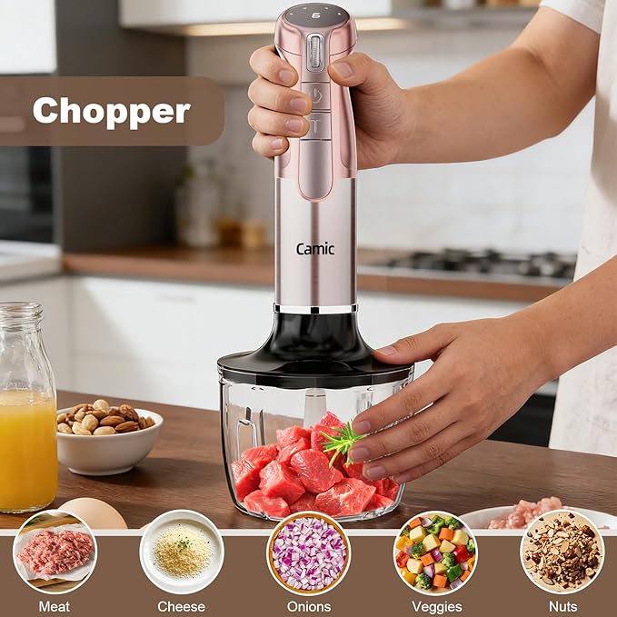 Camic Hand Blender, Cordless Immersion Blender with 6 Speeds, 4 in 1 Portable Mixer Electric Handheld Mixer with Blender, Chopper, Whisk, Frother for Soup, Smoothies, Baby Food and Puree (Champagne)