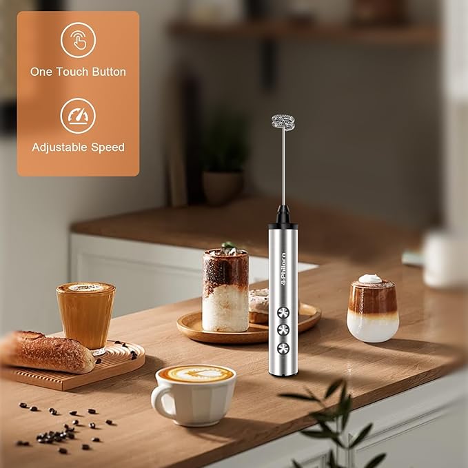 Philorn Coffee Rechargeable Frother With Stand, Handheld Frother Wand for Coffee with 3 Heads 3 Speed, Drink Mixer Handheld Electric Stirrer for Latte, Cappuccino, Matcha, Almond Milk