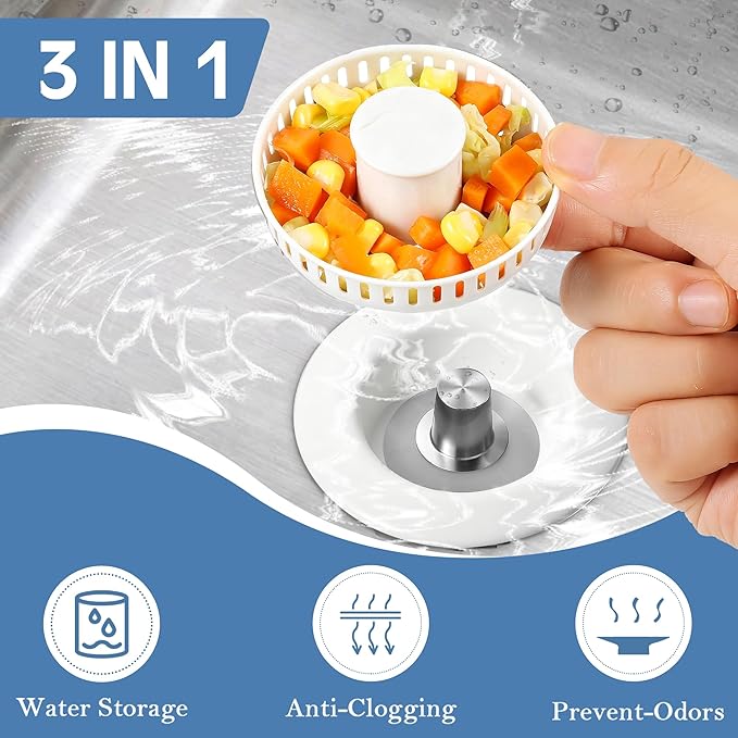 Kitchen Sink Drain Strainer 3 in 1, 304 Stainless Steel Pop Up Sink Stopper, Anti-Clogging Sink Drain Strainer for US Standard Kitchen Drain (White)