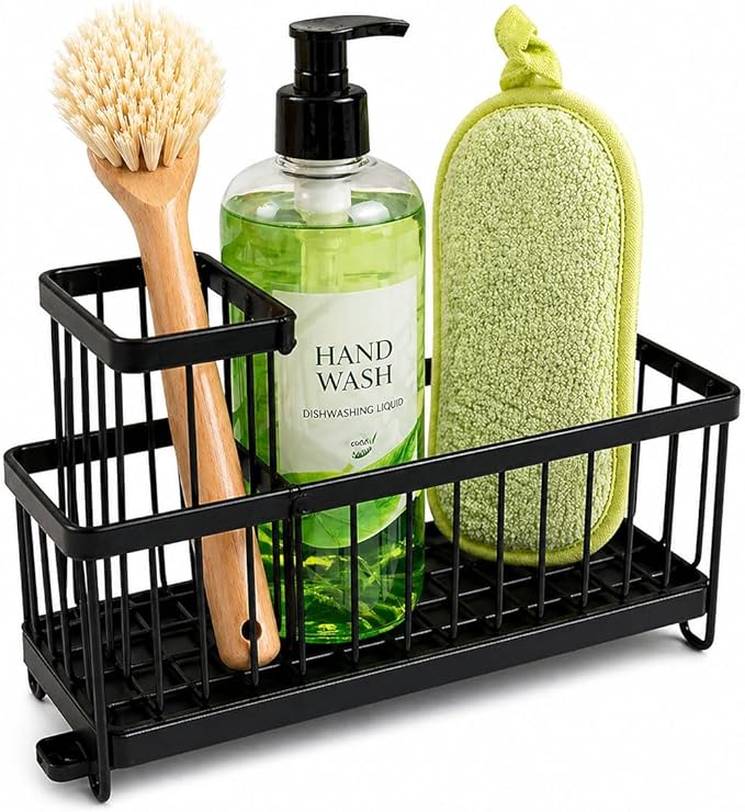 Kitchen Sink Caddy Matte Black, Stainless Steel Sponge Holder with Drainage Tray, Sink Organizer for Sponges, Brushes & Soap, Countertop Storage Rack, 9.4 x 4.7 x 6.5 Inch