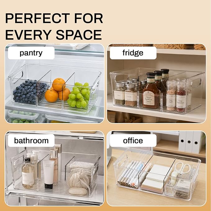 Mpotmiy Pantry Organizers and Storage , 8 Pack Snack Organizer for Pantry Shelf,Food Storage Bins with Divider,Clear Containers for Organizing,Transparent Plastic Basket,Refrigerator and Fridge Bins