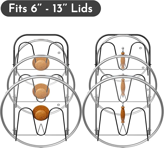 Universal Adjustable Pot Lid Holder Organizer for Cabinet - Upgraded Patented Niceyos 2 Pack Pan Lids Organizers Inside Cabinet Door Wall Mount Pots Top Rack for Kitchen Cupboard Fit 6" to 13" (Black)