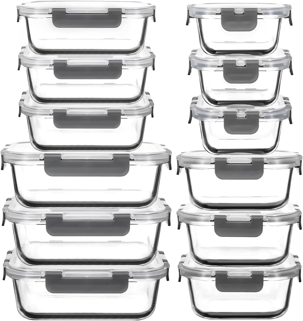 12 Pack Glass Meal Prep Containers Set, Airtight Snap Lids, 4 Sizes