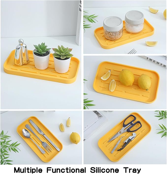 MicoYang Silicone Kitchen Sink Organizer Tray for Multiple Usage,Easy Clean,Eco-Friendly Sponges Holder for Kitchen Bathroom Counter or Sink,Dish Soap Dispenser,Scrubber,Bottle,Cup Yellow 10”x 5.3”