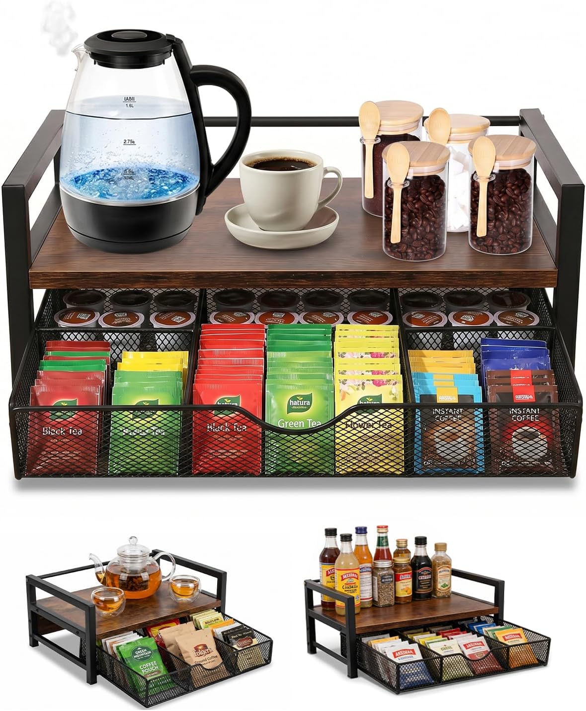 Tea Bag Organizer with 6 Compartments, Extra Large Countertop Tea Holder
