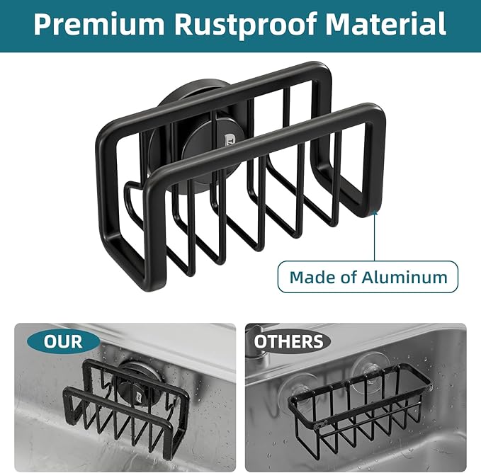 TAILI Sink Caddy with Strong Suction Cup, Sponge Holder for Kitchen Sink Oganizer, Removable Rustproof Aluminum Sponge Holder, Dish Brush for Scraper - Black