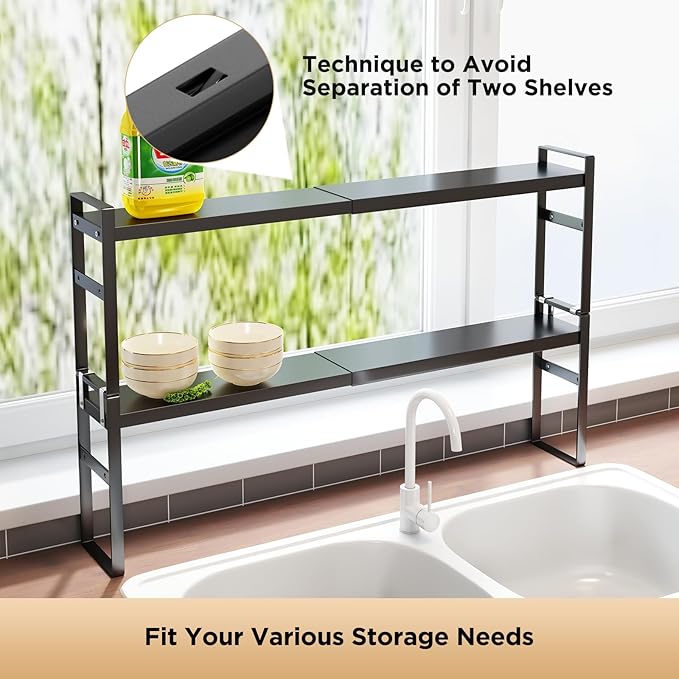 2 Tier Expandable Stackable Narrow Shelf Organizer, Tall Countertop Organizer for Tight Spaces, Windowsill Plant Stand, Over-Sink/Faucet Shelf, Kitchen Storage, Bathroom Vanity, Laundry Room (Black)