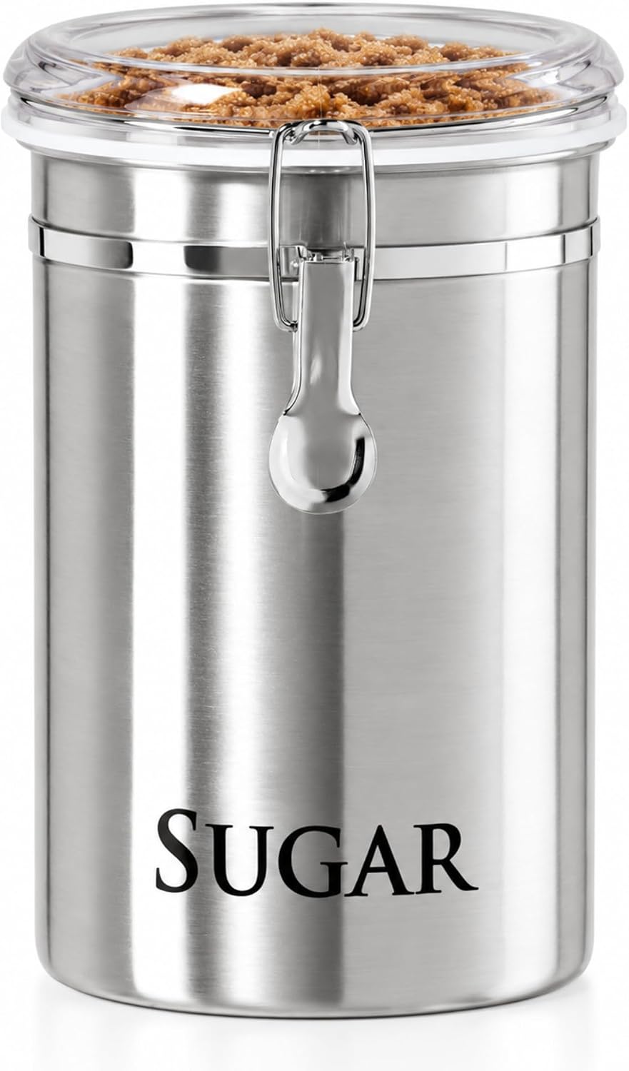 Oggi Stainless Steel Sugar Canister 62 fl oz - Airtight Clamp Lid, Clear See-Thru Top - Ideal Sugar Container for Countertop, Sugar Jar, Bulk Sugar Storage. Large Size 5" x 7.5".