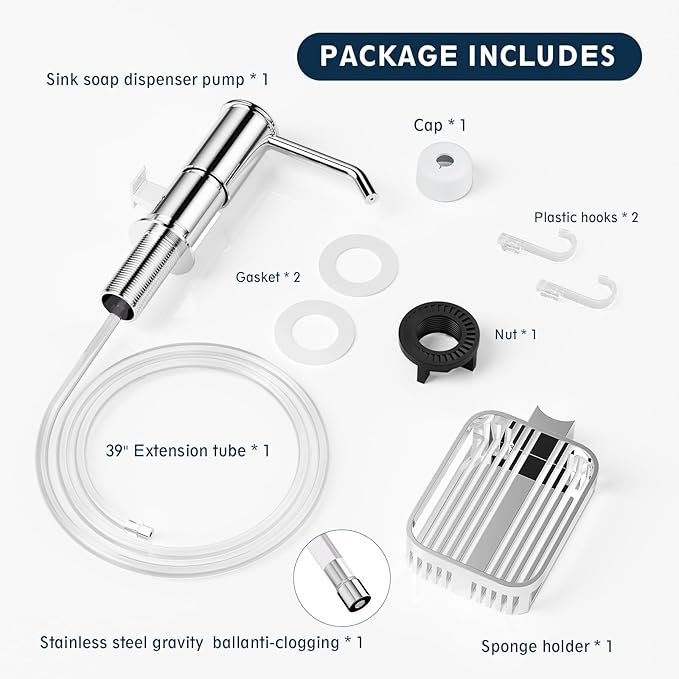 Soap Dispenser for Kitchen Sink, Mecyfaty Under Counter Sink Soap Dispenser Pump with 39" Extension Tube Kit, Built in ABS Kitchen Dish Soap Dispensers with Sponge Holder, No More Refills, Chrome