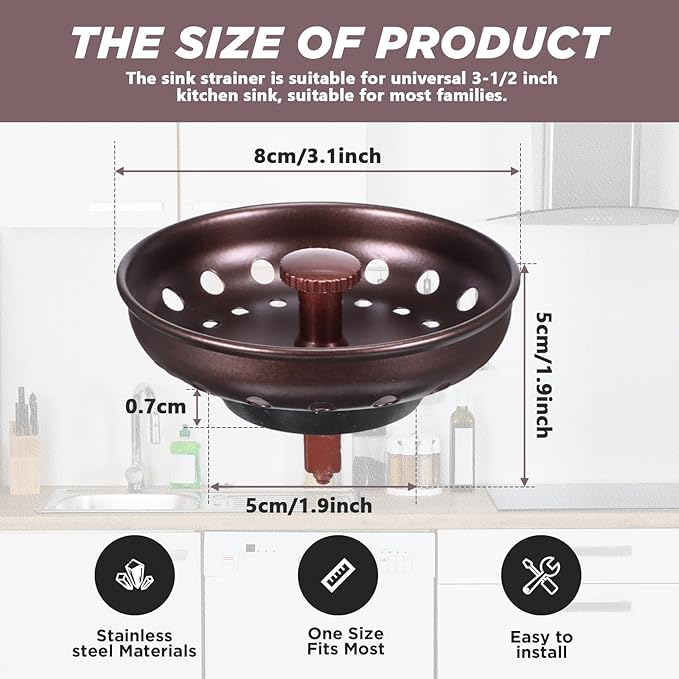Retisee 2 Pcs Kitchen Sink Stopper Strainer Stainless Steel Drain Strainers for Universal 3-1/2 Inch Kitchen Sink Drain Replacement(Oil Rubbed Bronze)