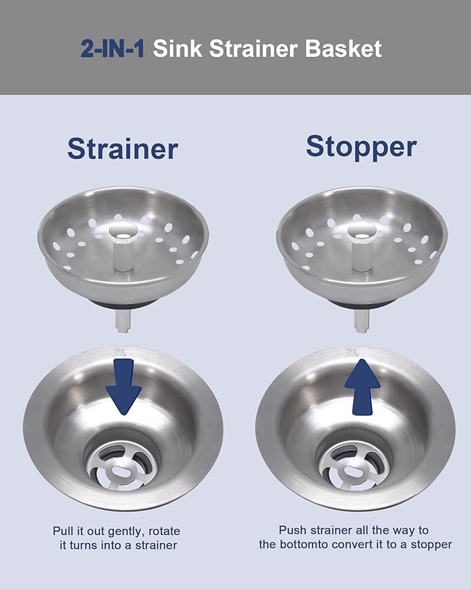 KONE 2PCS Kitchen Sink Basket Strainer Replacement for 3-1/2 Inch Standard Drains Brushed Stainless Steel Body Metal Center Knob with Rubber Stopper