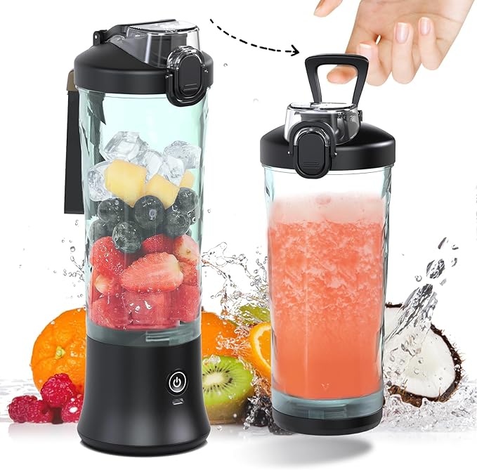 DENOKIN Portable Blender, Shakes and Smoothies Cordless Personal Size Blender 20oz with 6 Blade and a Travel Lid (Elegant Black)
