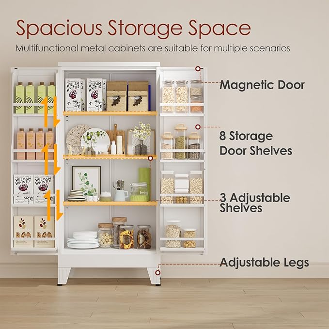winiowa 51" Metal Kitchen Pantry Storage Cabinet, Pantry Cabinet with Doors and Adjustable Shelves, Steel Storage Cabinet for Kitchen, Dining Room, Living Room-White