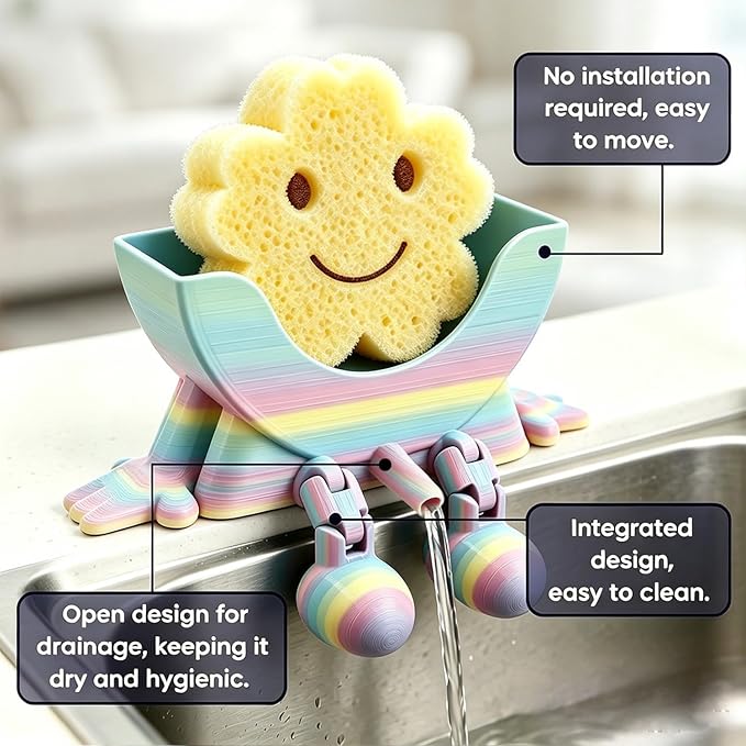 Creative Hanging Sponge Holder with Drainage/Traceless Glue, 3D Printing Countertop Funny Sponge Holders for Kitchen Sink, Keeps Your Sponge Dry & Smiling, for Scrub Daddy Holder (1, Gradient Random)