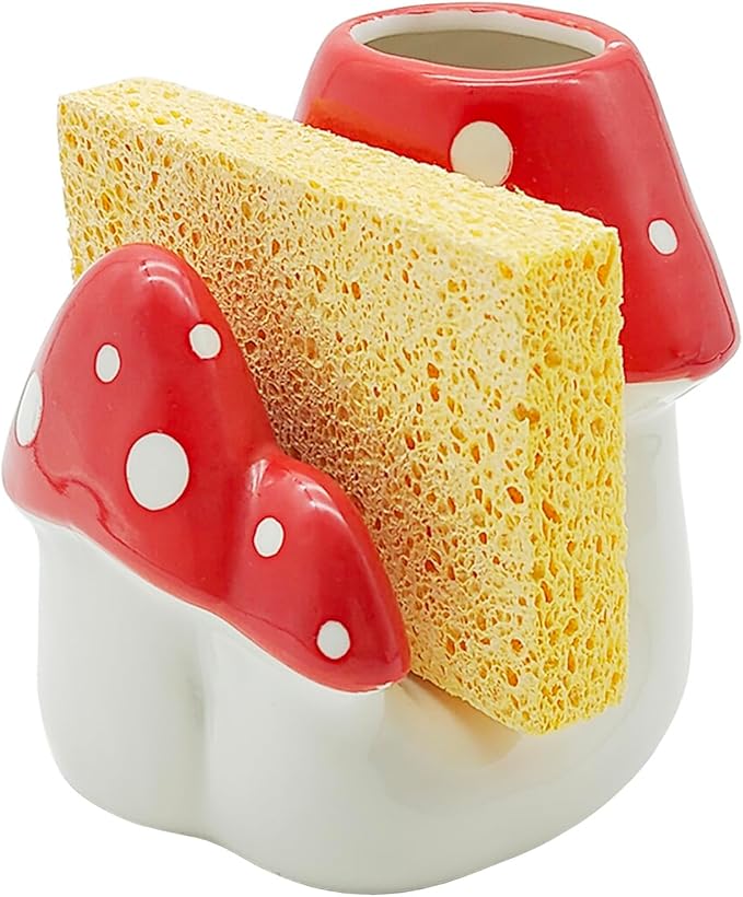 Mushroom Sponge Holder for Kitchen Sink Cute Kitchen Decor Mushroom Decor Ceramic Dish Sponge Brush Holder Kitchen Accessories Mushroom Gifts (Red)
