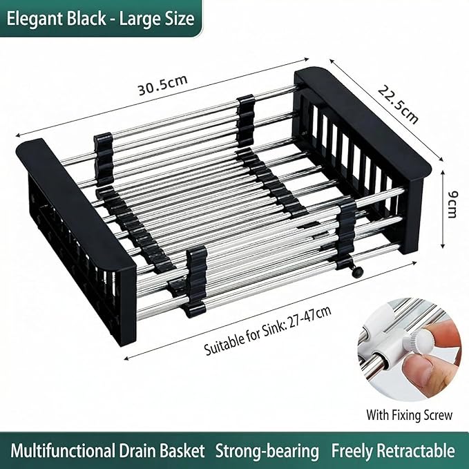 Extend Kitchen Sink Drain Basket, Adjustable Dish Drying Rack with Stainless Steel Drain Basket for Kitchen， Upgraded Retractable Kitchen Sink, (Black, Large)