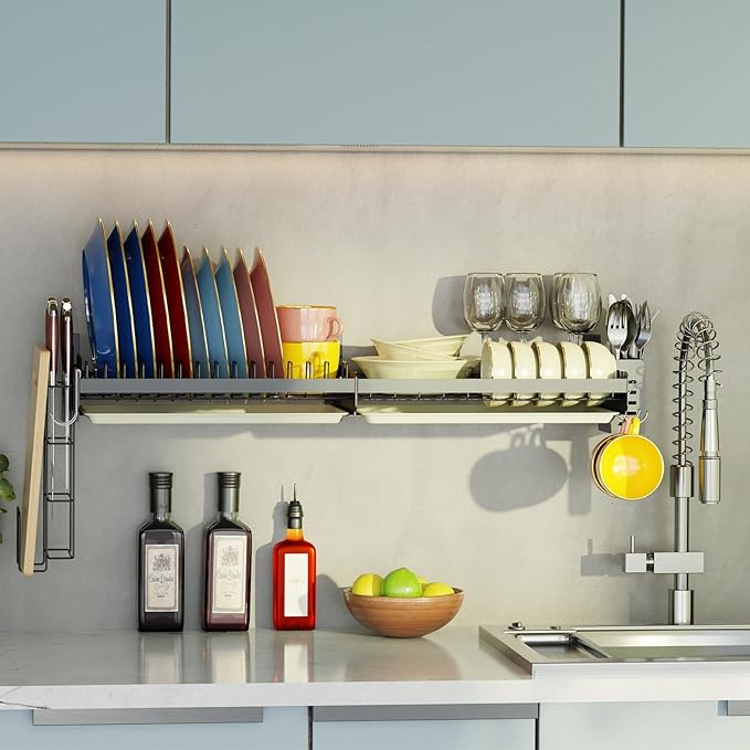 Hanging Wall Mounted Dish Drying Rack, Cutting Board Rack*1, Hook*4, Drain Tray*2, Apartment & RV Wall Mounted Dish Rack, Small Kitchen & Clean Countertop Solution, Multiple Layouts, Black