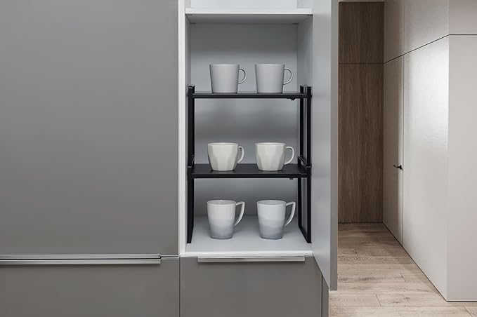 Nxconsu Cabinet Shelf Organizer Expandable, 12 Inch Deep Adjustable 13 to 24 Inch Metal Shelf Riser for Kitchen Pantry Cupboard Countertop Under Sink, Heavy Duty Stackable Storage Rack, Black