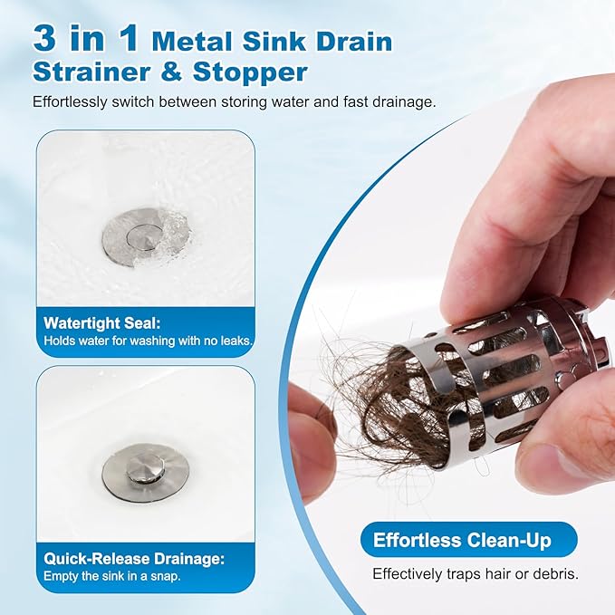 Hibbent 2 Pack Universal Bathroom Sink Drain Strainer, 3 in 1 Pop Up Stopper, Removable Stainless Steel Filter Basket, Brass Bullet Core, Hair Catcher Sink Plug for 1.1''~2.36'' Hole, Brushed Nickel