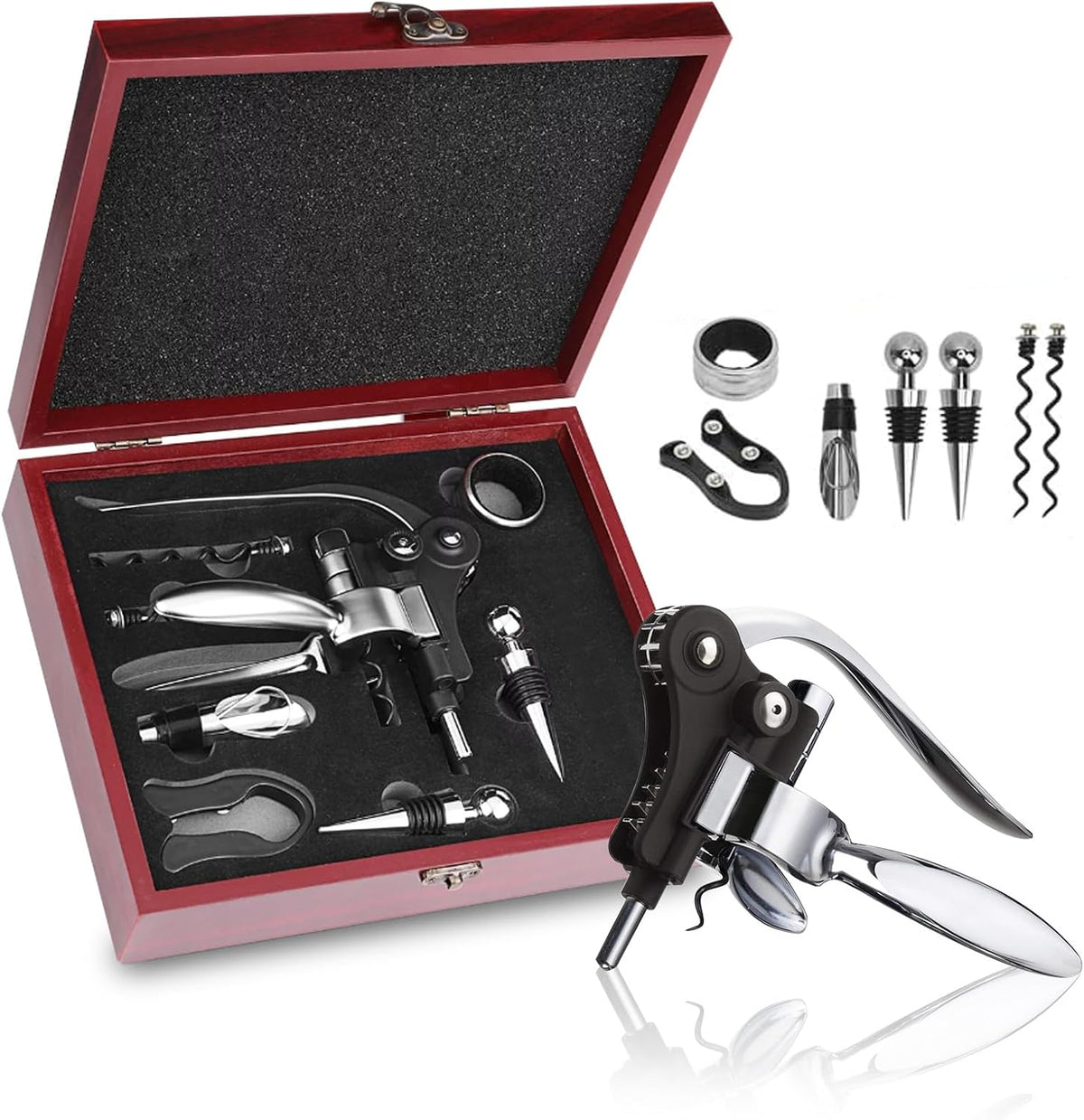 Wine Bottle Opener Gift Set - 8 PCS Corkscrew Opener with Wood Case, Stainless Steel Opener Kit for Birthdays & Weddings