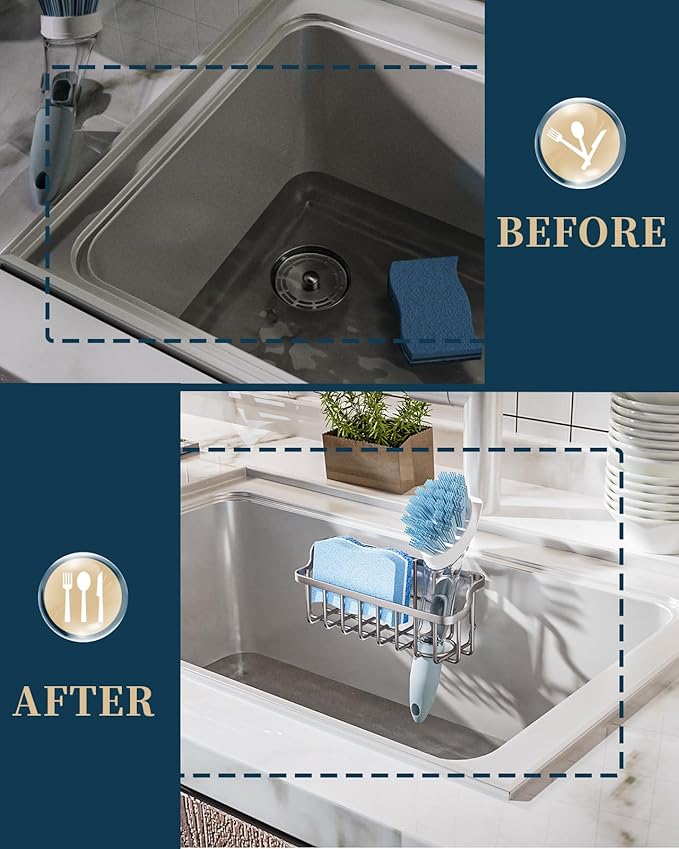 Consumest Sponge Holder Sink Caddy - Ladder Shaped Sponge Holder for Kitchen Sink with 2 Installation Ways (Suction Cups & Adhesive Hook), Rustproof Stainless Steel Kitchen Organizer, Sand Nickel