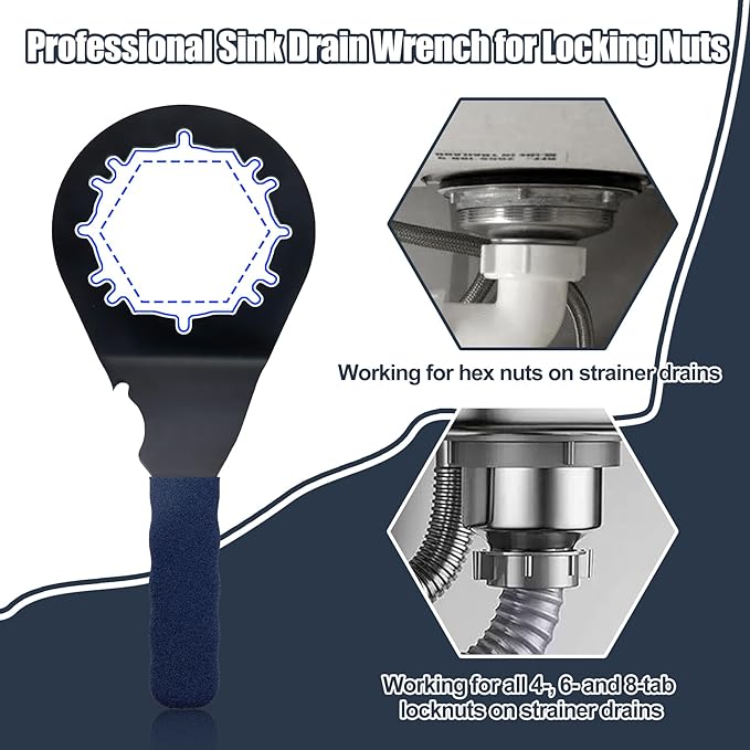 Universal Sink Drain Wrench for Loosen Tighten Strainer Locking Nut Fits All 4-, 6- and 8-tab, Toilet Bathroom Kitchen Sink Wrench