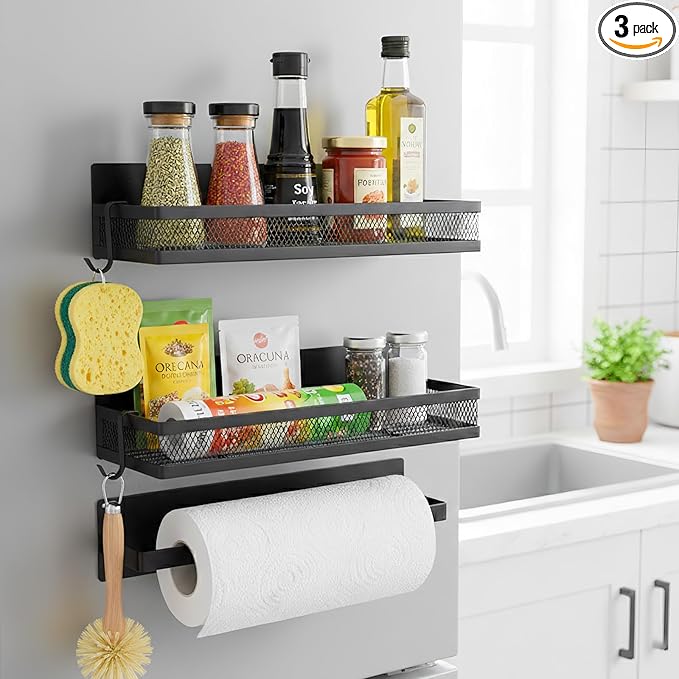 3 Pack Magnetic Spice Rack for Refrigerator,Fridge Magnet Organizer with Moveable 4 Hooks, Include Paper Towel Holder,Magnetic Shelves for Kitchen Organization and Storage