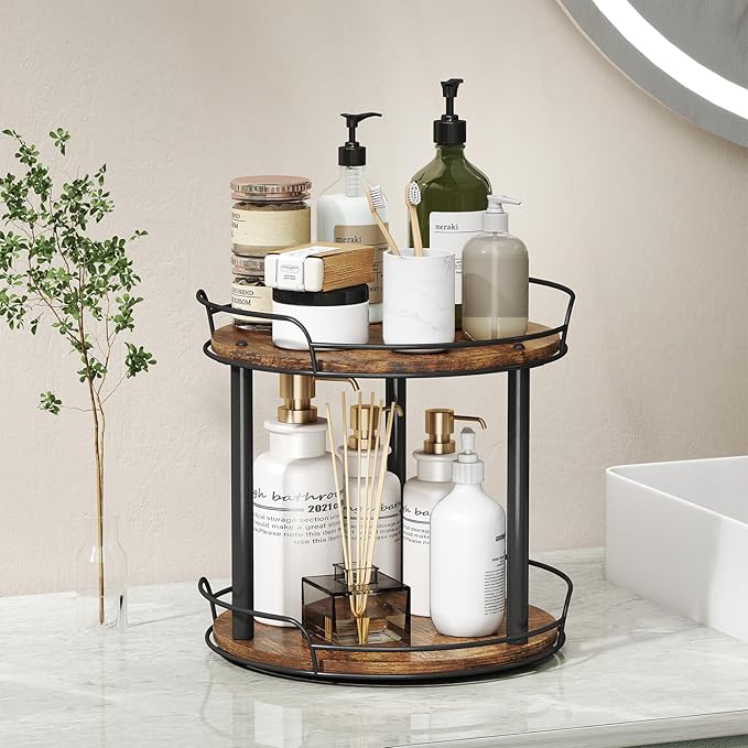 LAMU 10'' Wood Lazy Susan Turntable Organizer for Cabinet, 2 Tier Lazy Susan Spice Rack Organizer for Kitchen, Table Top, Countertop, Pantry, Medicine Organizer