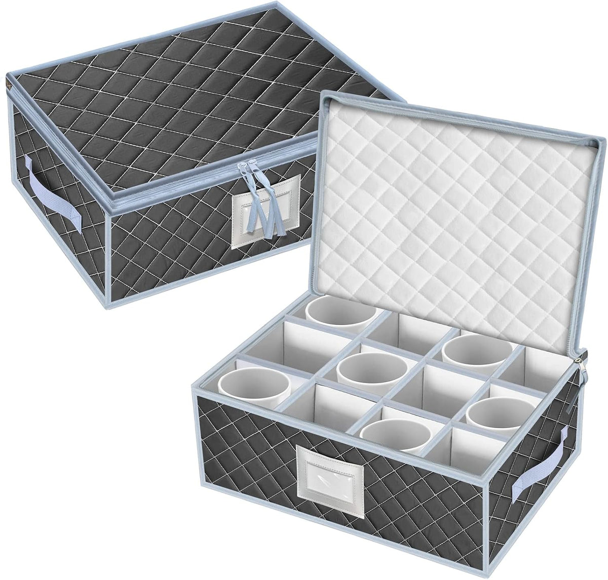 Mug and Cup Storage Box with Dividers - 2 Pack China Storage Bin Containers Holds 24 Glassware, Stackable Coffee Mug Organizer Bin and Tea Cup with 2 Metal Zipper,Label and Handles (Grey)