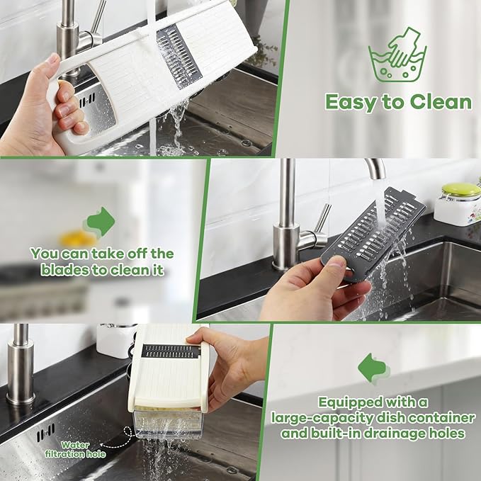 6-in-1 Mandoline Slicer for Kitchen, Food-Grade Veggie Cutter with Drainage Container, Stainless Steel Blades, BPA-Free & Non-Slip, White Plastic/Stainless Steel Options (white)