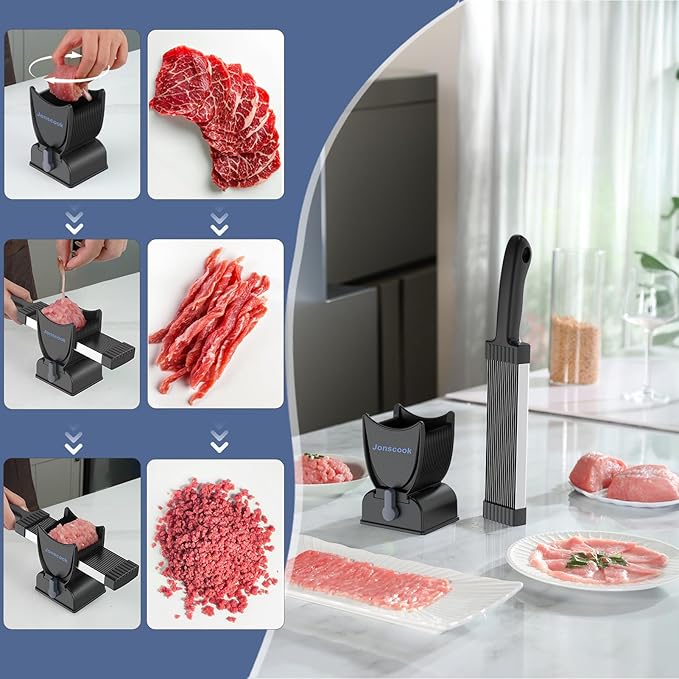 Fresh Meat Slicer, Manual Fresh Meat Cutter, Meal Prep, Adjustable Thickness 2mm or 4mm, 17 Blades get 18 Meat Slices, Meat Cleavers can be Sliced, Striped, Diced -Black