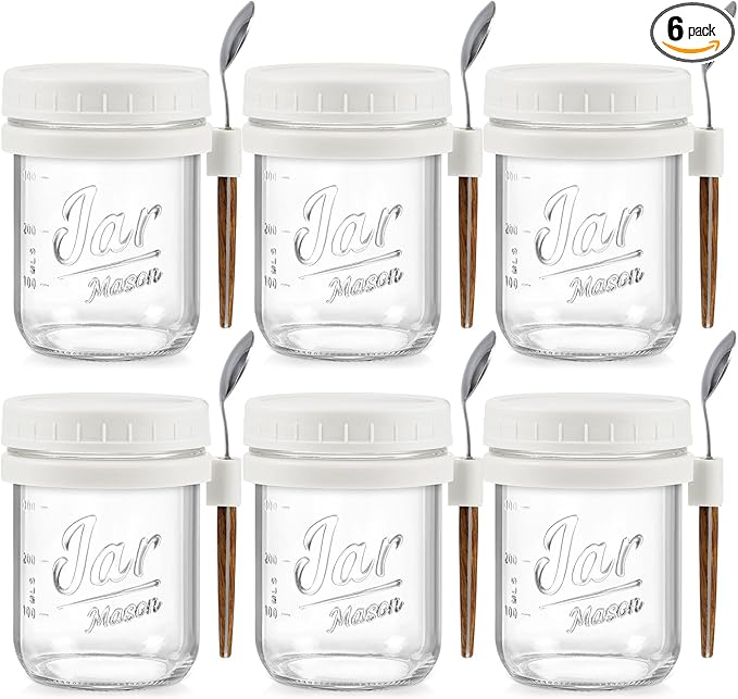 6 Pack Overnight Oats Containers with Lids and Spoons, 16 oz Glass Mason Overnight Oats Jars, Large Capacity Airtight Jars for Milk, Cereal, Fruit(White)