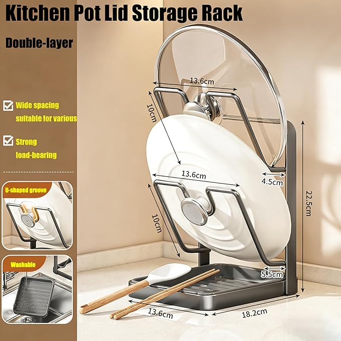 Pot Lid Organizer Rack, Stainless Steel Kitchen Pot Lid Holder & Storage Rack with Drip Tray & Spoon Rest for Countertop Stove Cooking (Gray)