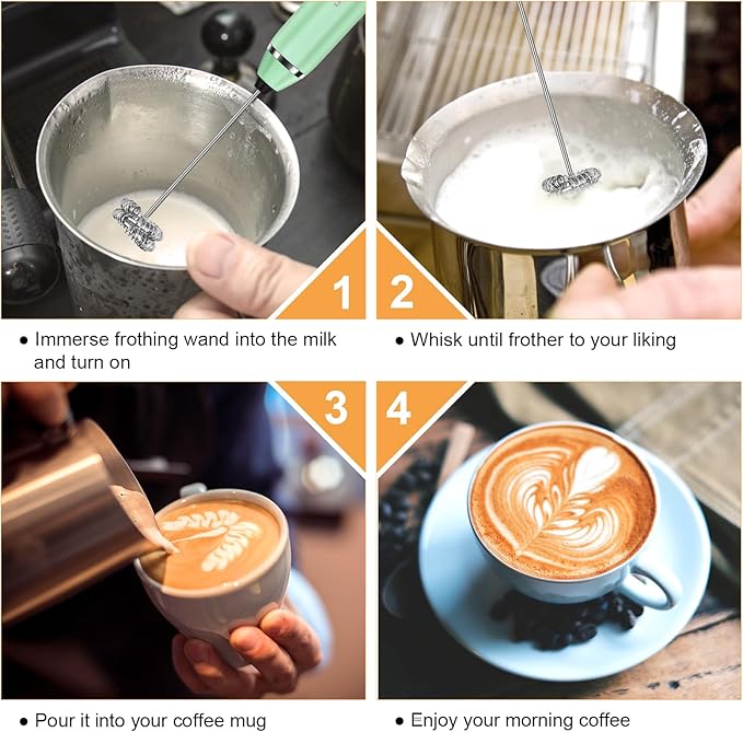 Philorn Milk Frother Wand Handheld Rechargeable Electric Whisk Coffee Drink Mixer, Mini Foamer for Lattes, Cappuccino, Frappe, Matcha, Hot Chocolate, Protein Powder, Keto Diet (Green 2 Heads)